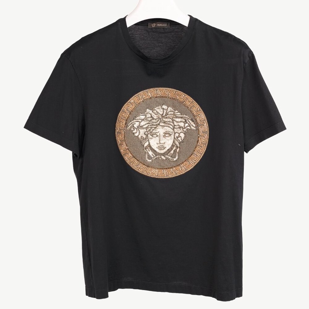 Versace Black Cotton Jersey Rhinestone & Chainlink Medusa Tee